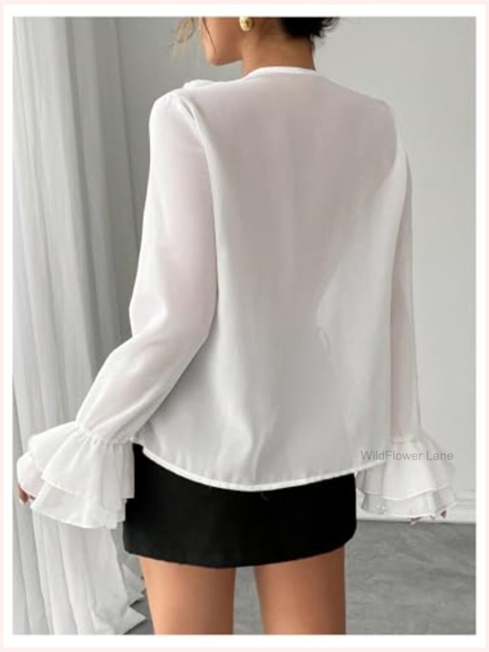 Long Sleeve V Neck Ruffle Blouse Chiffon Layered Going Out Top - Picture 3 of 5